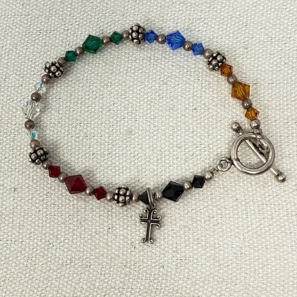 Sterling Silver Rainbow Crystal Cross Toggle Bracelet Religious Christian Marked - Picture 1 of 8